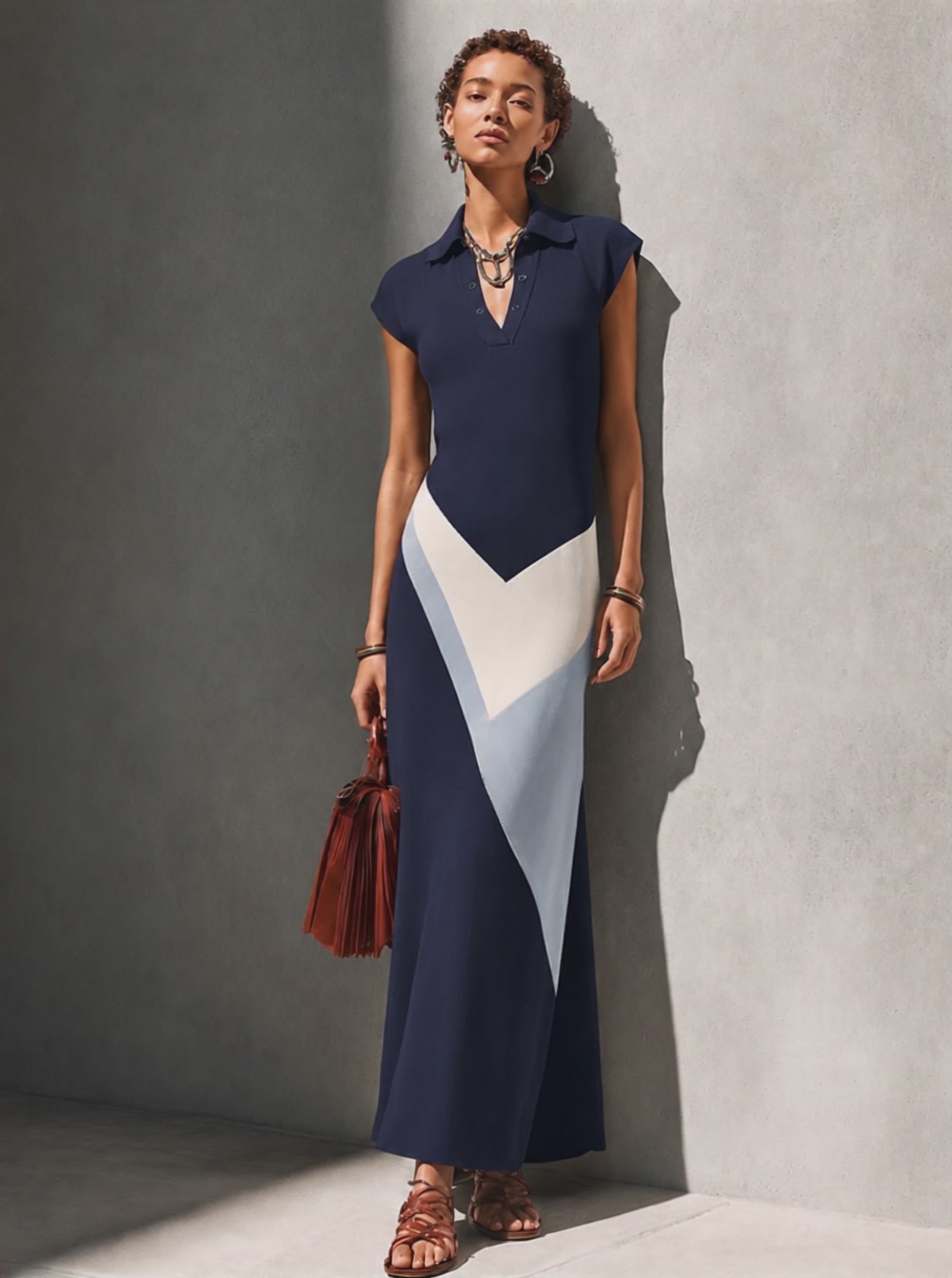 Women’s Minimalist Commuter Navy Blue Cotton Blend Polo Collar Short-Sleeved V-Neck Color-Blocked Long Knit Dress MDZ0697G4GMJ