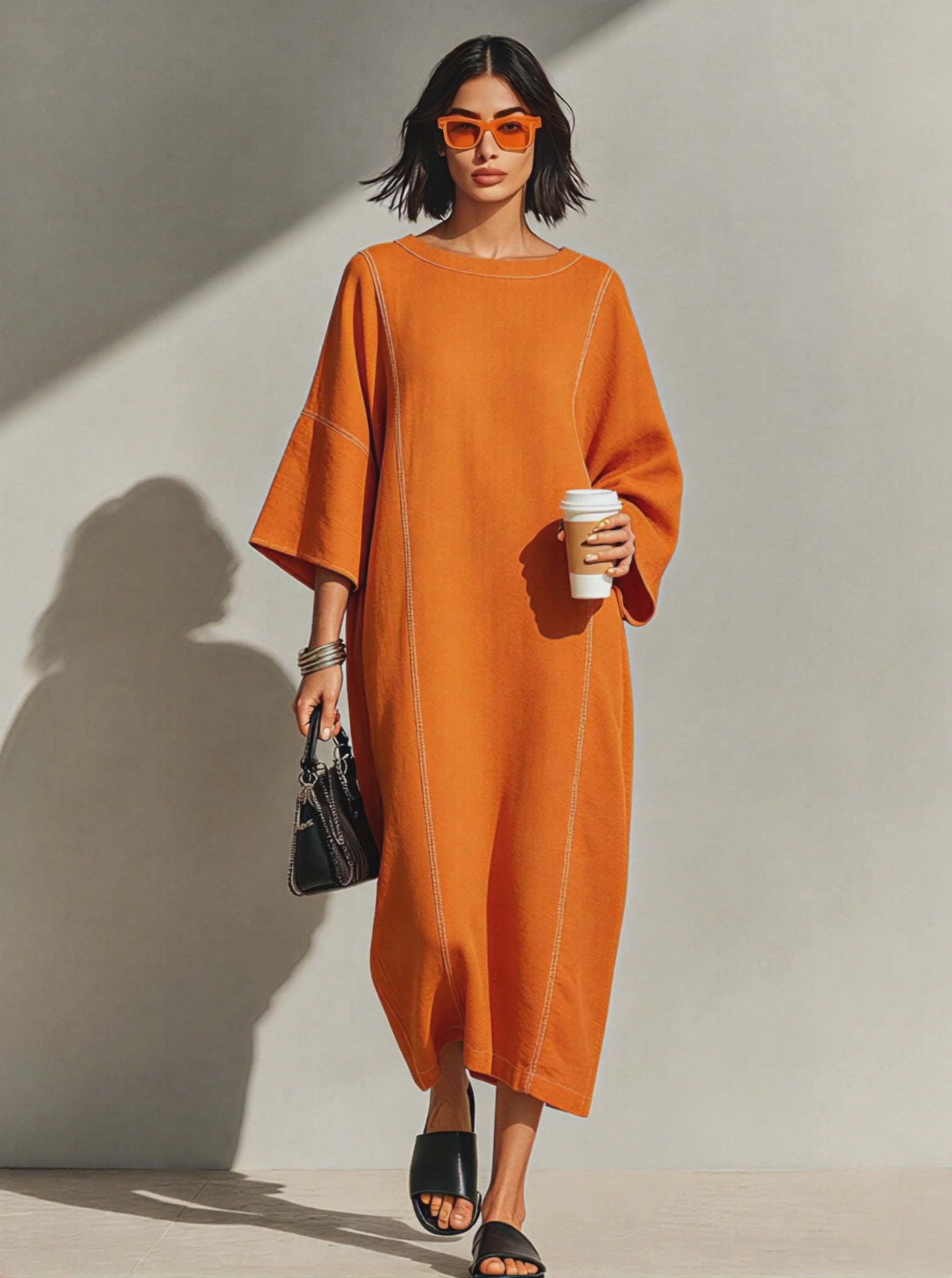 Women's Burnt Orange Linen Blend Maxi Dress With Contrast White Topsti – Modesees