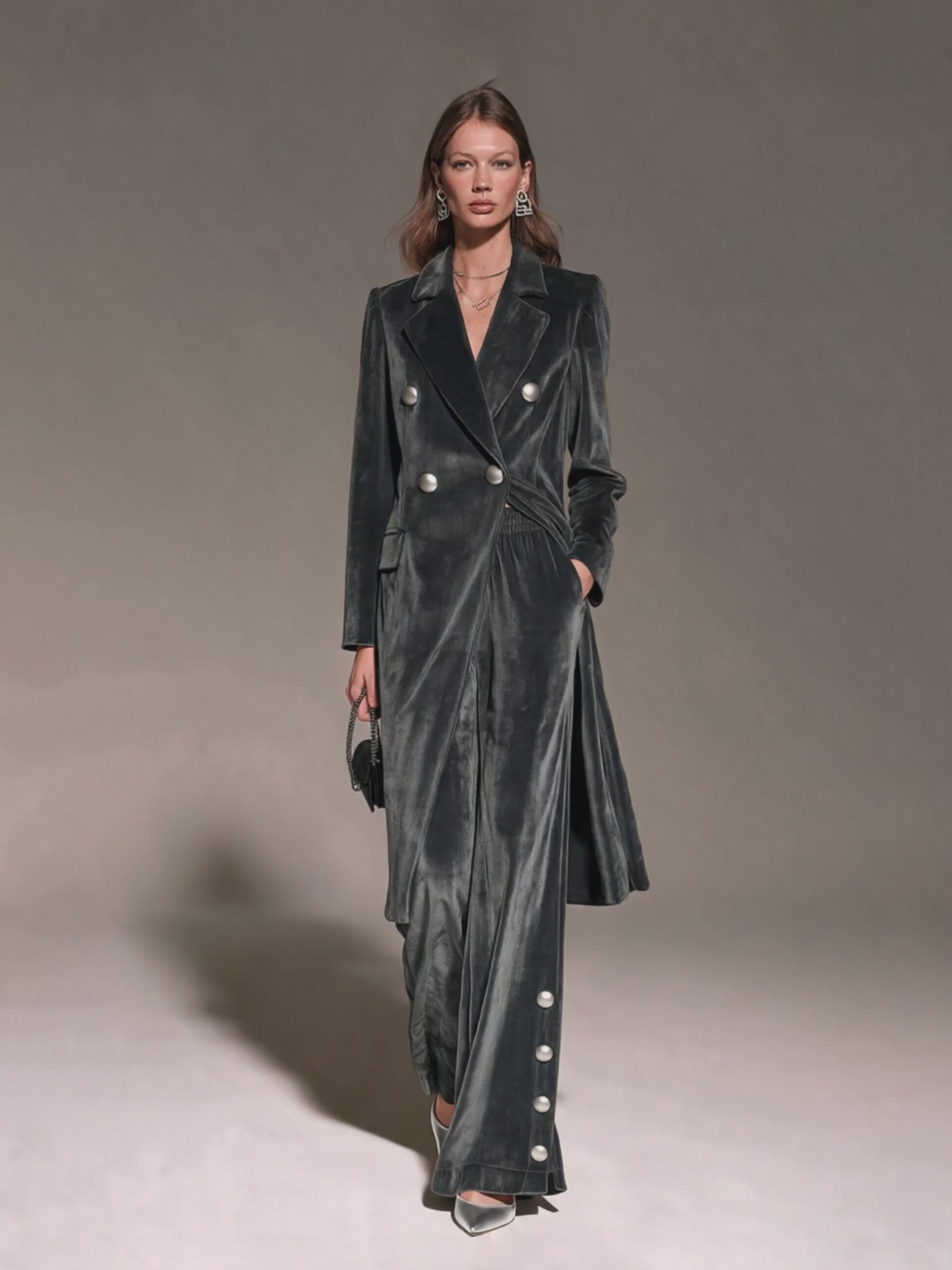 Women's Charcoal Velvet Elastic Waist Side-Button Wide-Leg Pants