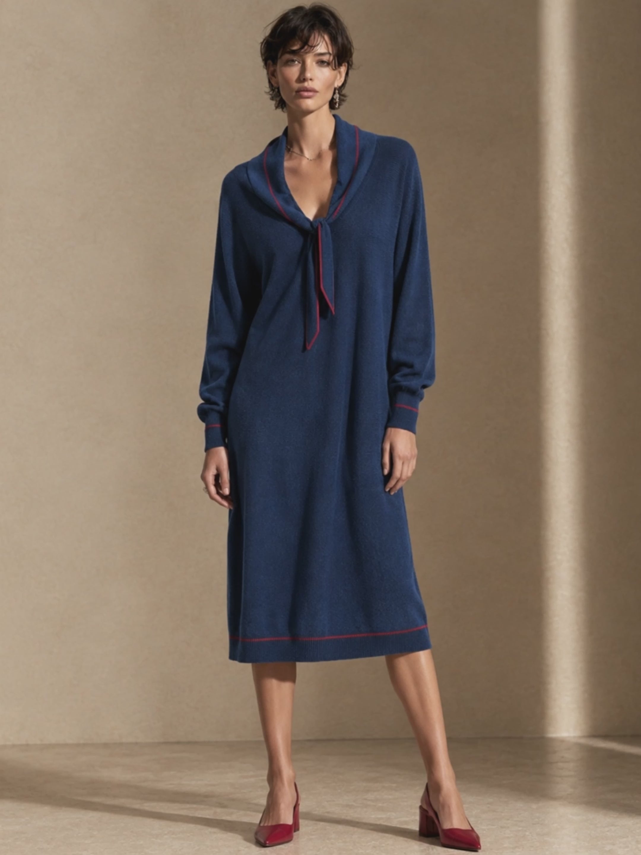 Women's Contrast Stitch Elegant Tie Collar Knit Midi Dress