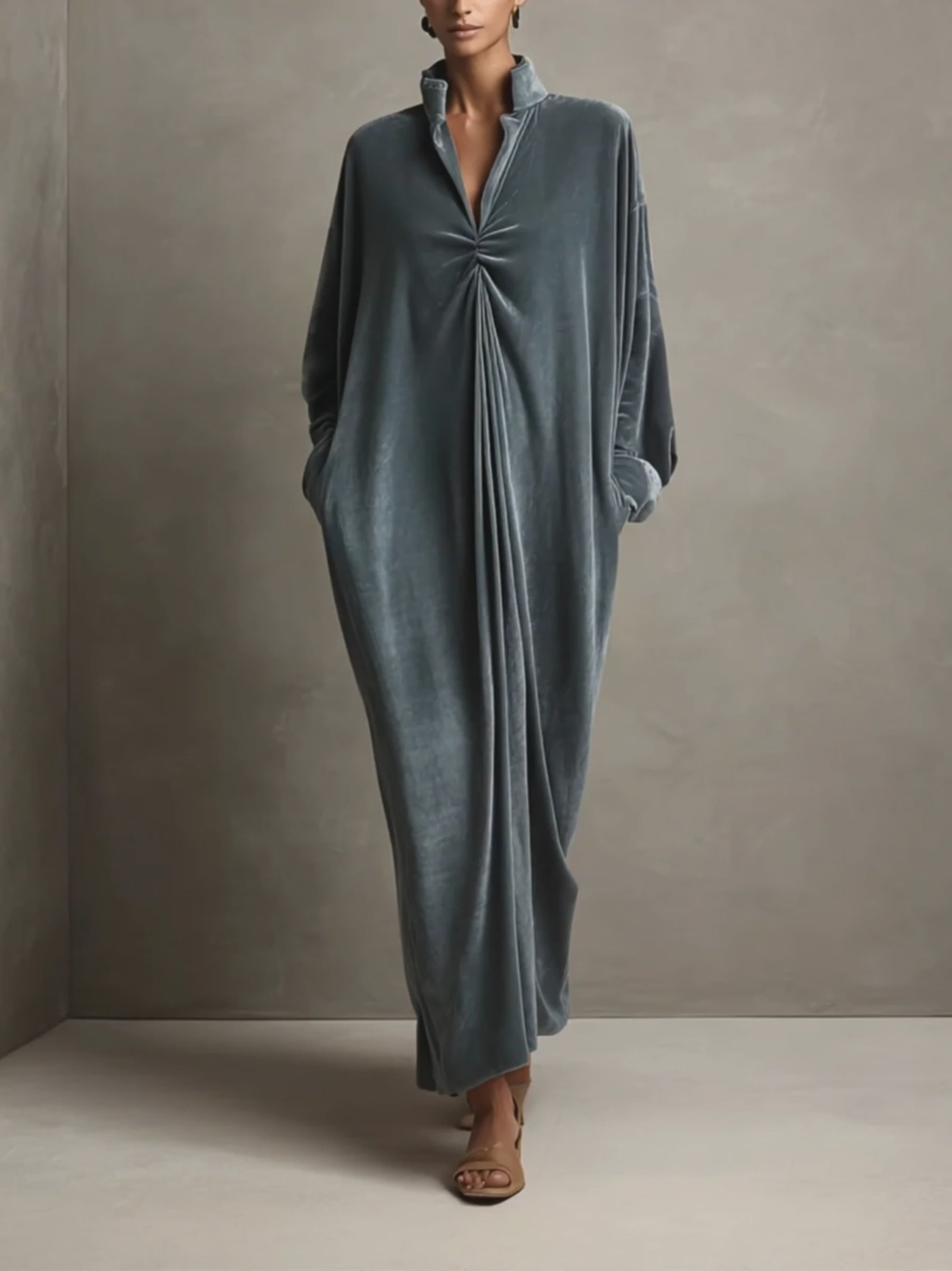 Women's Dusty Blue Stand‑Collared Twist‑Knot Oversized Velvet Maxi Dress MDZ0335I5R