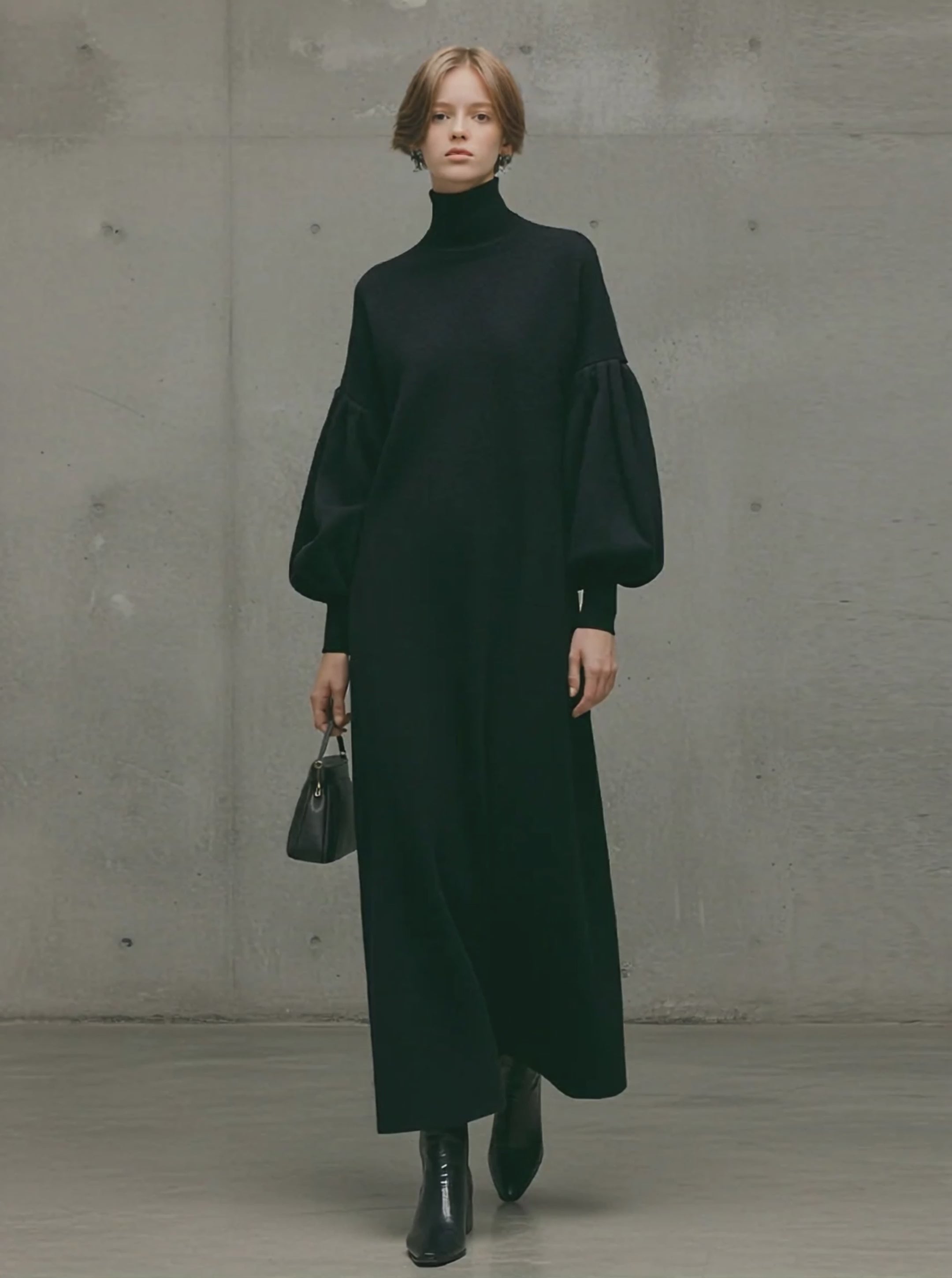 Women's Modern Knit Black Turtleneck Puff-Sleeve Maxi Dress MDA1503L6AU