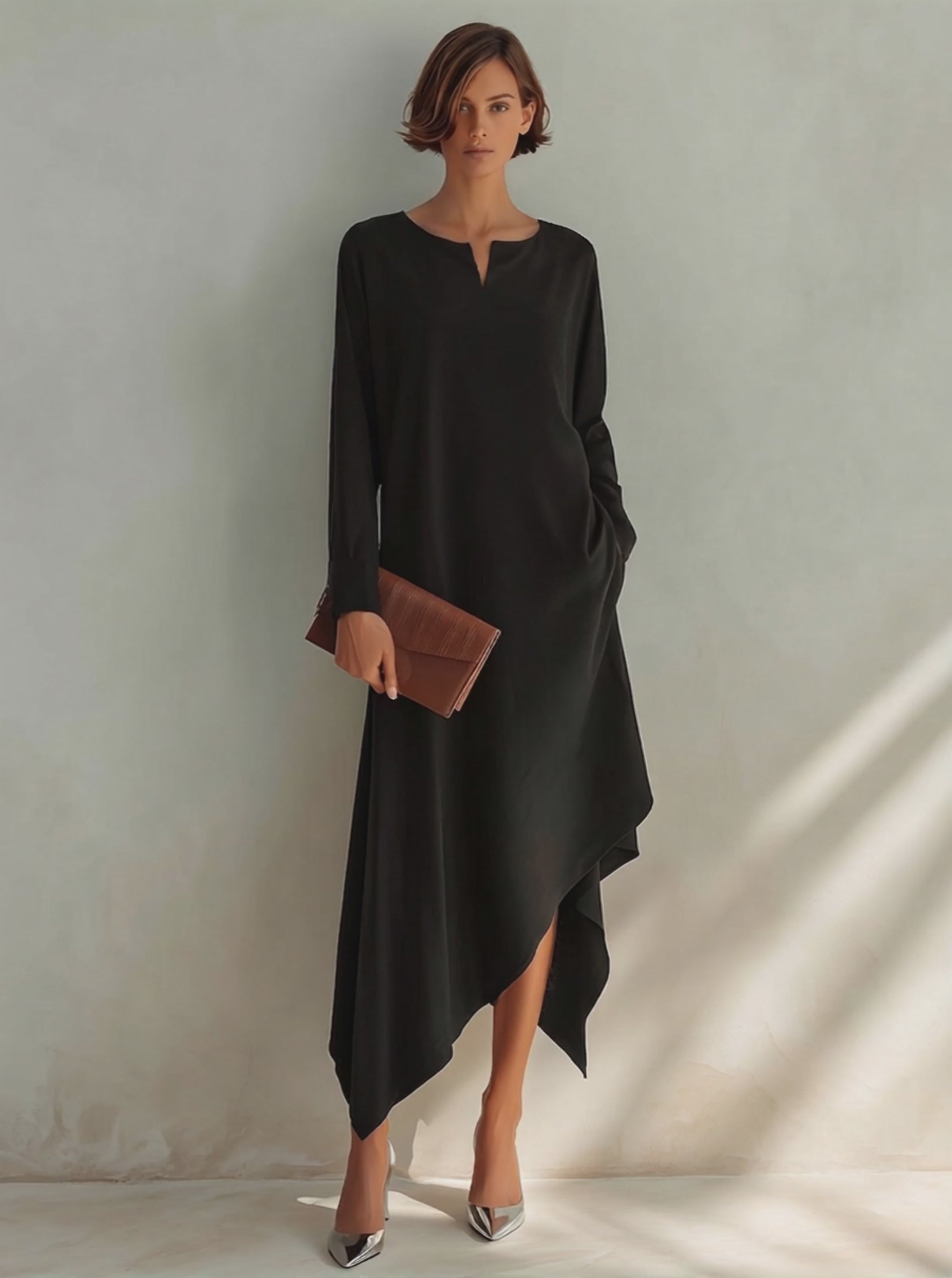 Women's Small V-Neck And Asymmetrical Hem Cotton-Blend Midi Dress MDZ1429H1ZRK