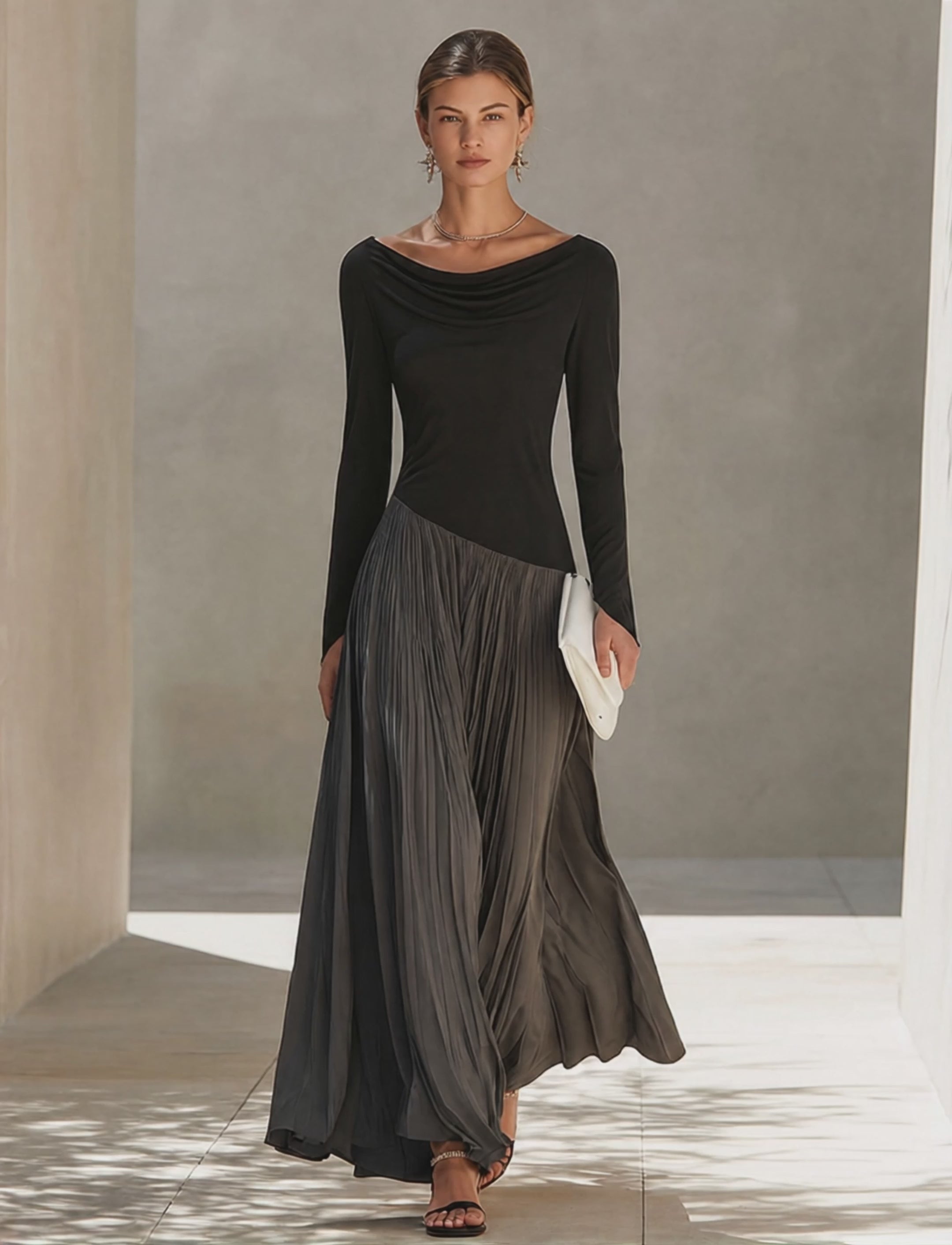Women's Minimalist Two-Tone Color-Block Maxi Dress With Drape Neckline  MDZ0907G9ZRK