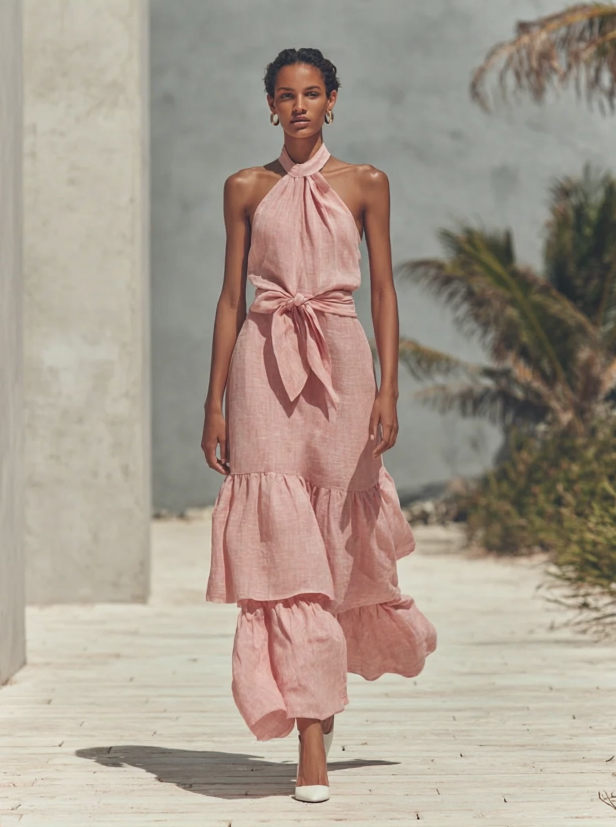 Women's Elegant Halter-Neck Tiered Maxi Dress MDZ1123E6ZRK