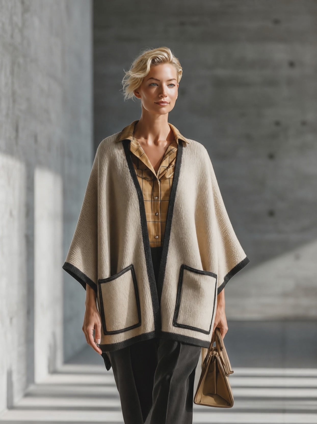 Women's Contrast Trim Pocket Beige Cardigan MDZ0345I9YZJ