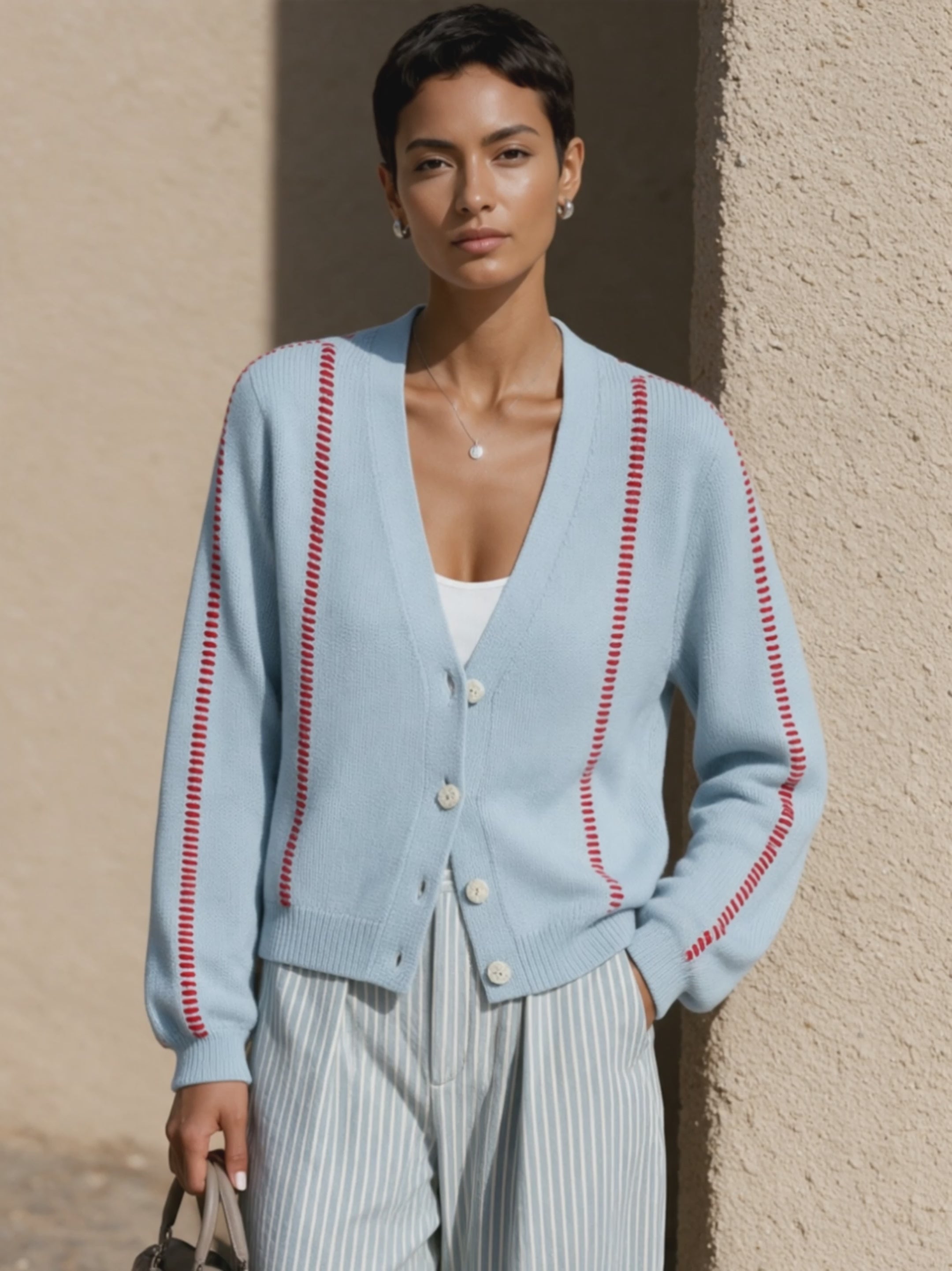 Women's Contrast Stitch Casual V-Neck Cardigan MDZ0727I6GMJ
