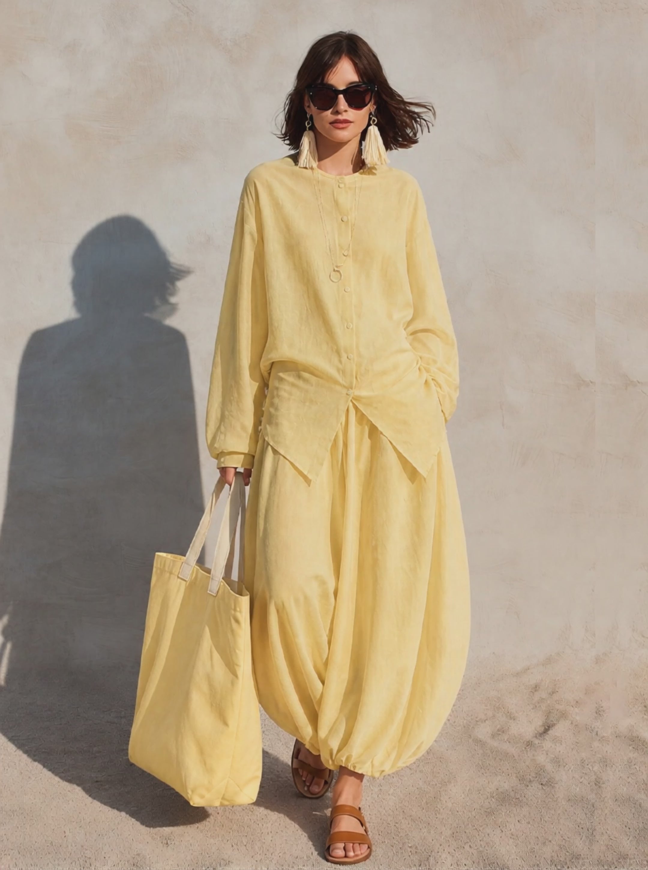 Women's Yellow Linen Outfit For Warm‑Weather Vacations MDZ1905H7LYL