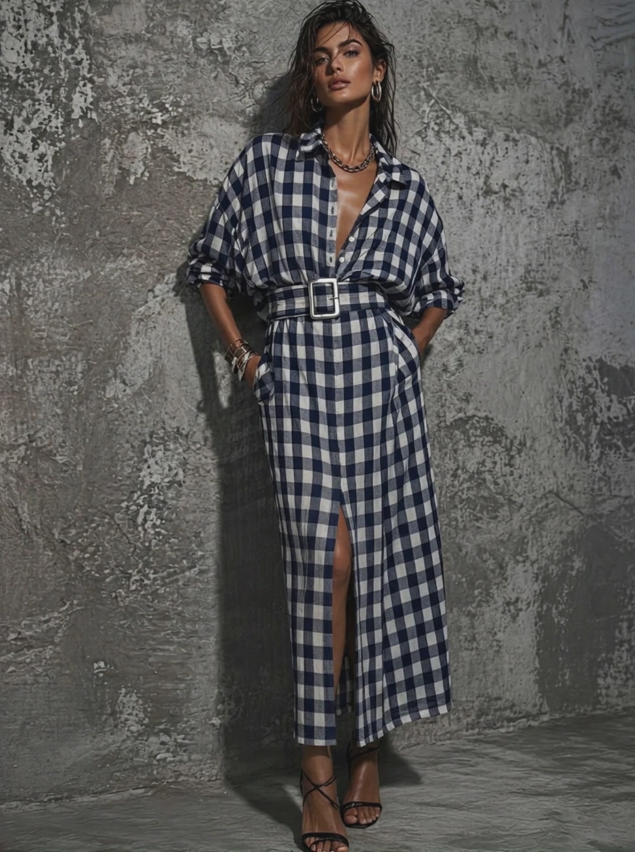 plaid maxi shirt dress Women's Casual Commuter Style Blue And White Cotton Belted Front – Modesees and a line of Size:10-12 1950s Linen Maxi Dress _okendo:syndication_key:CL136494005