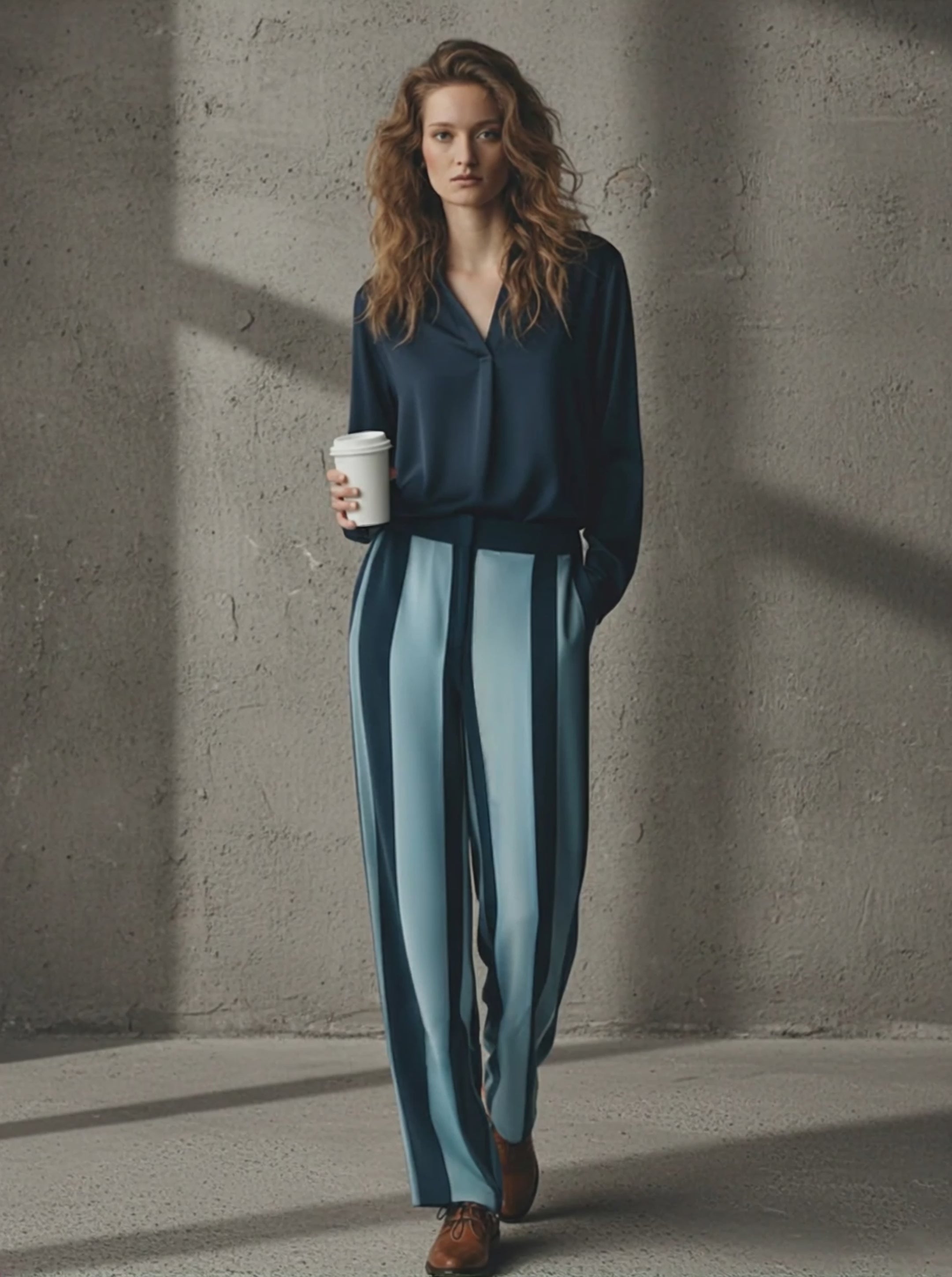 Women's Fashionable Navy Blue Matte Satin V-Neck Long-Sleeved Shirt And Navy & Light Blue Color-block Matte Satin Striped Wide-Leg Straight-Cut Pants Set MDZ1630D4GMJ