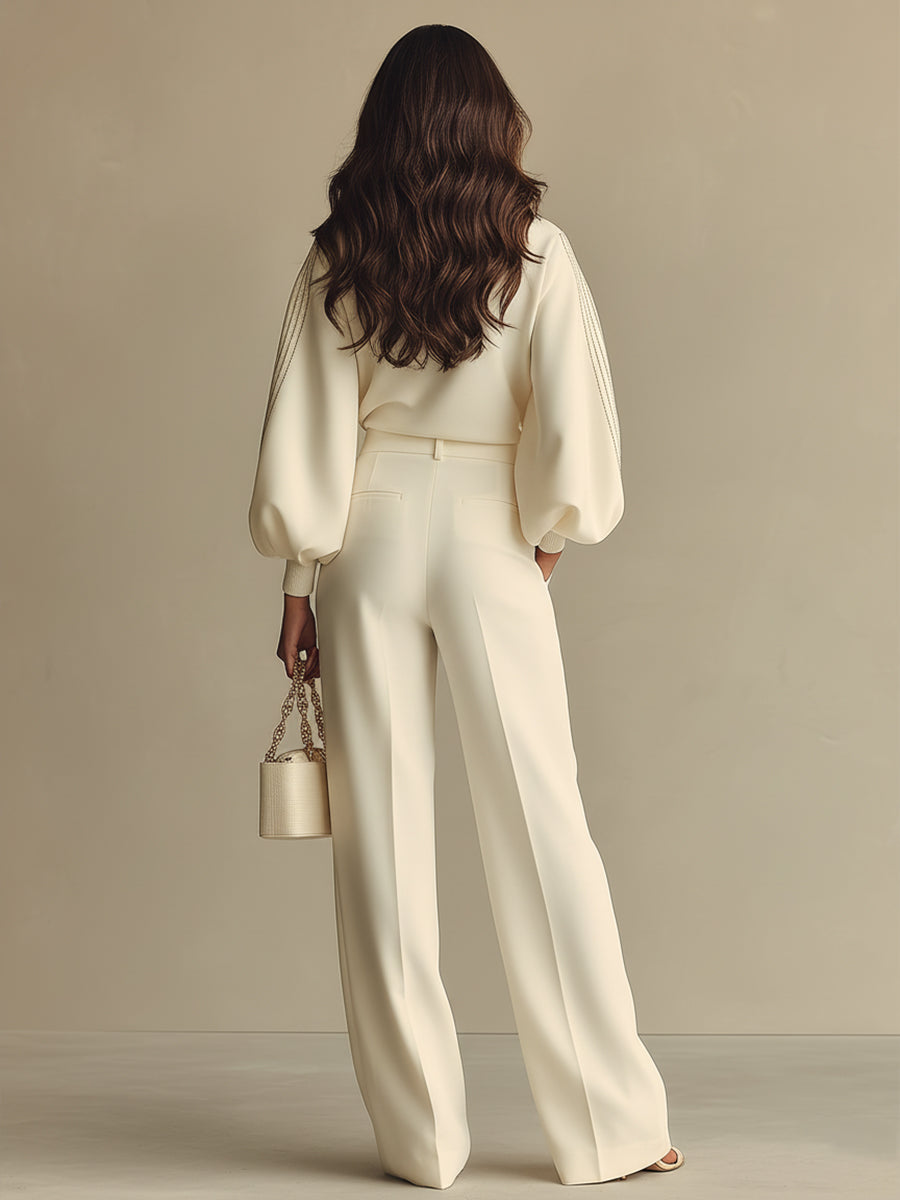 Women's Ivory Textured Set With Ribbed Crew Neck & High-Waisted Bottoms, Modern Sophisticated Style Set MDA2231L6I