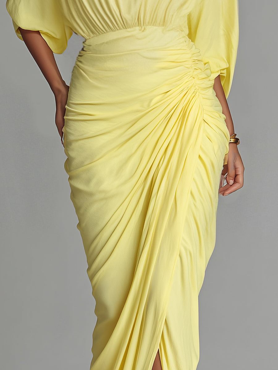 Women's Bright Yellow Drape Comfortable Blended Maxi Dress MDA2811G6I