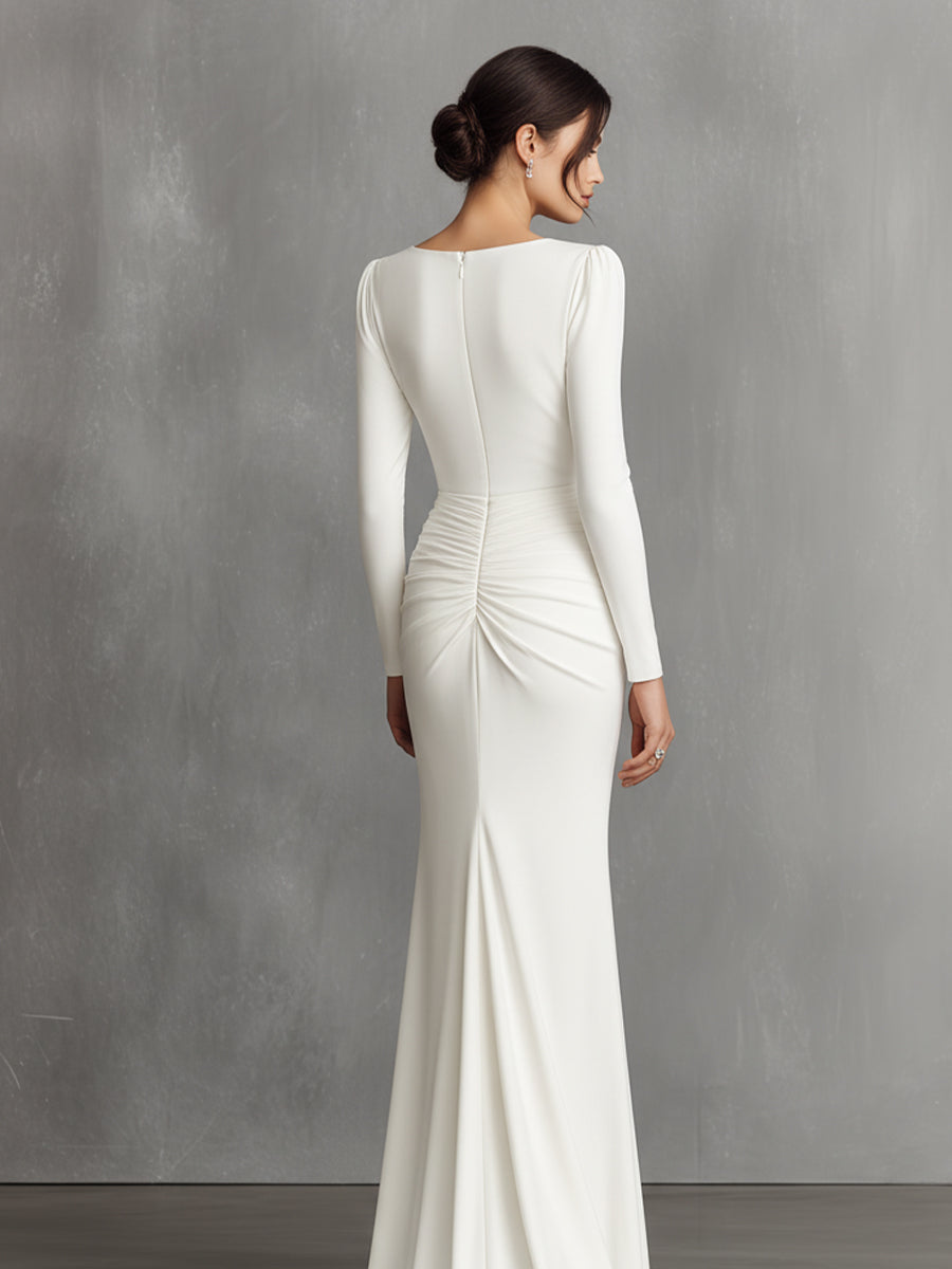 Women's White Elegant Satin Ruched Mermaid Maxi Dress MDA0910I5I