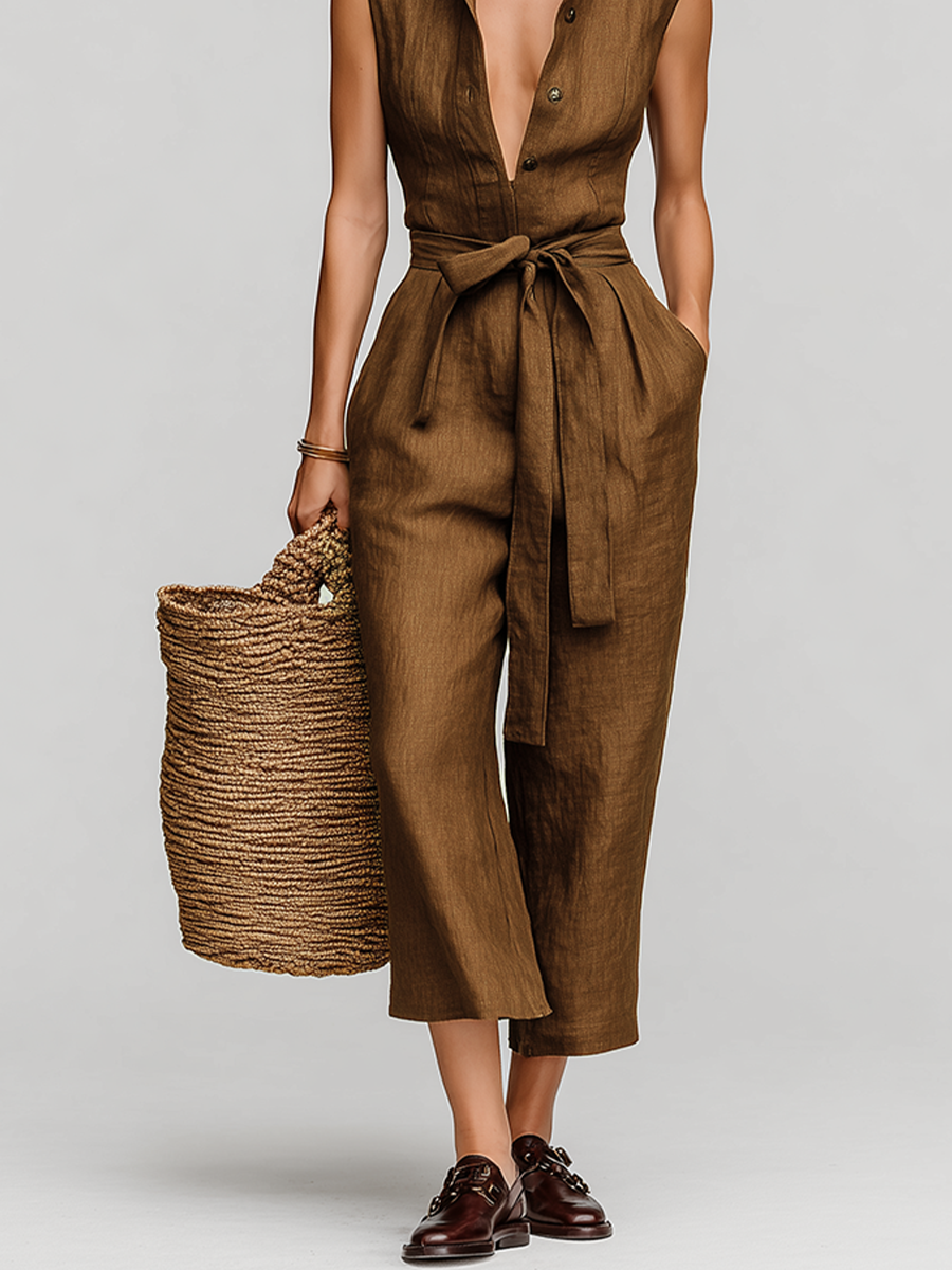 Women's Tobacco Brown Linen Jumpsuit With Self-Tie Waist & Collared V-Neck, Timeless Resort-Casual Style Jumpsuit MDZ0638B5I