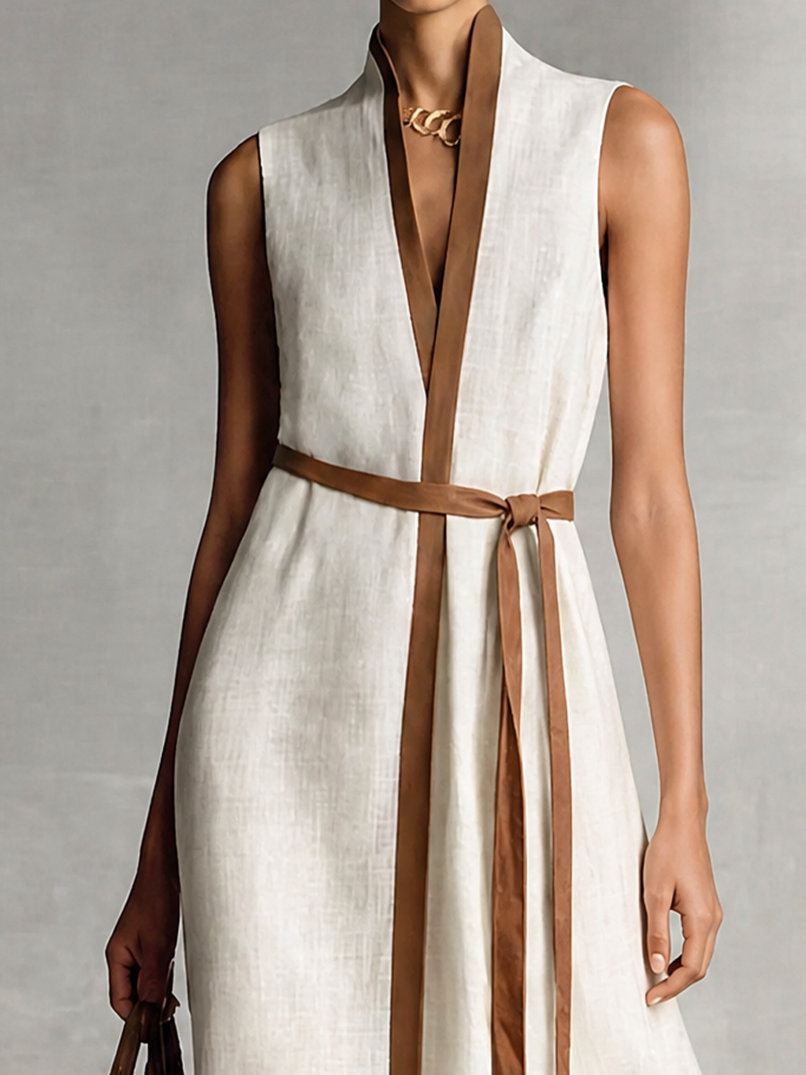 Women's Sleeveless V-Neck Tie-Waist Cotton Linen Maxi Dress MDZ1153B7BA