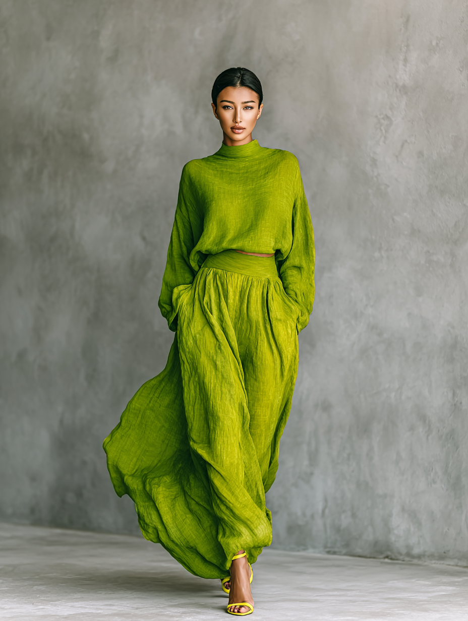 Women's Green Turtleneck Top and Maxi Skirt Set MDA2938G4T