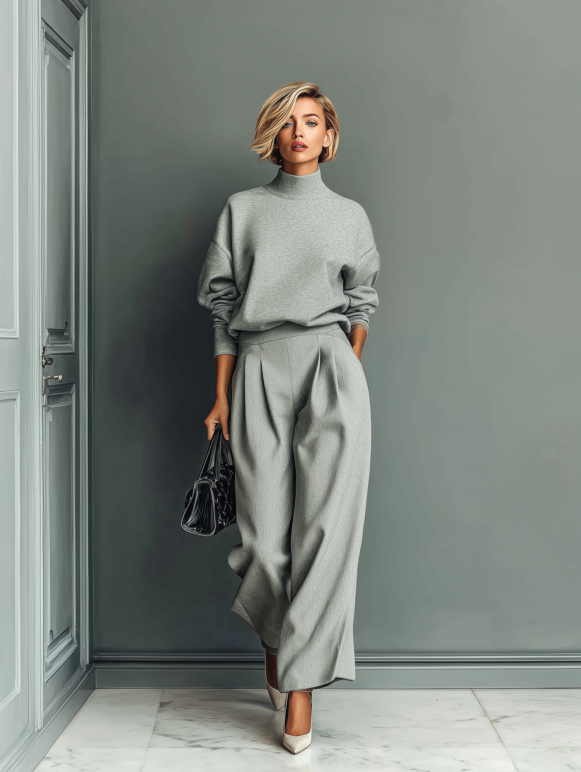 Women's Grey Blended Sweatshirt Wide-Leg Pants Set MDA1603H6T