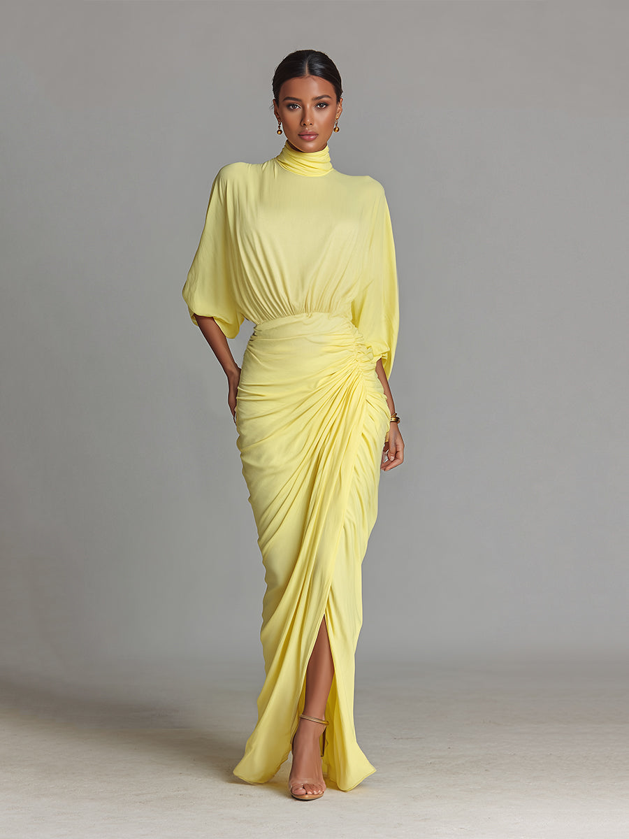 Women's Bright Yellow Drape Comfortable Blended Maxi Dress MDA2811G6I