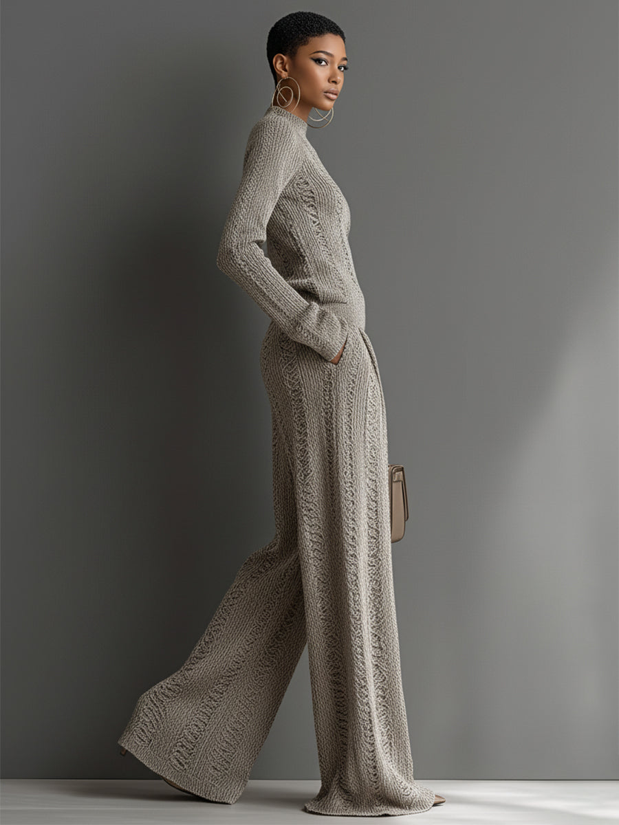 Women's Taupe Elegant Knit Textured Sweater & Wide - Leg Pants Set MDA1453H6I