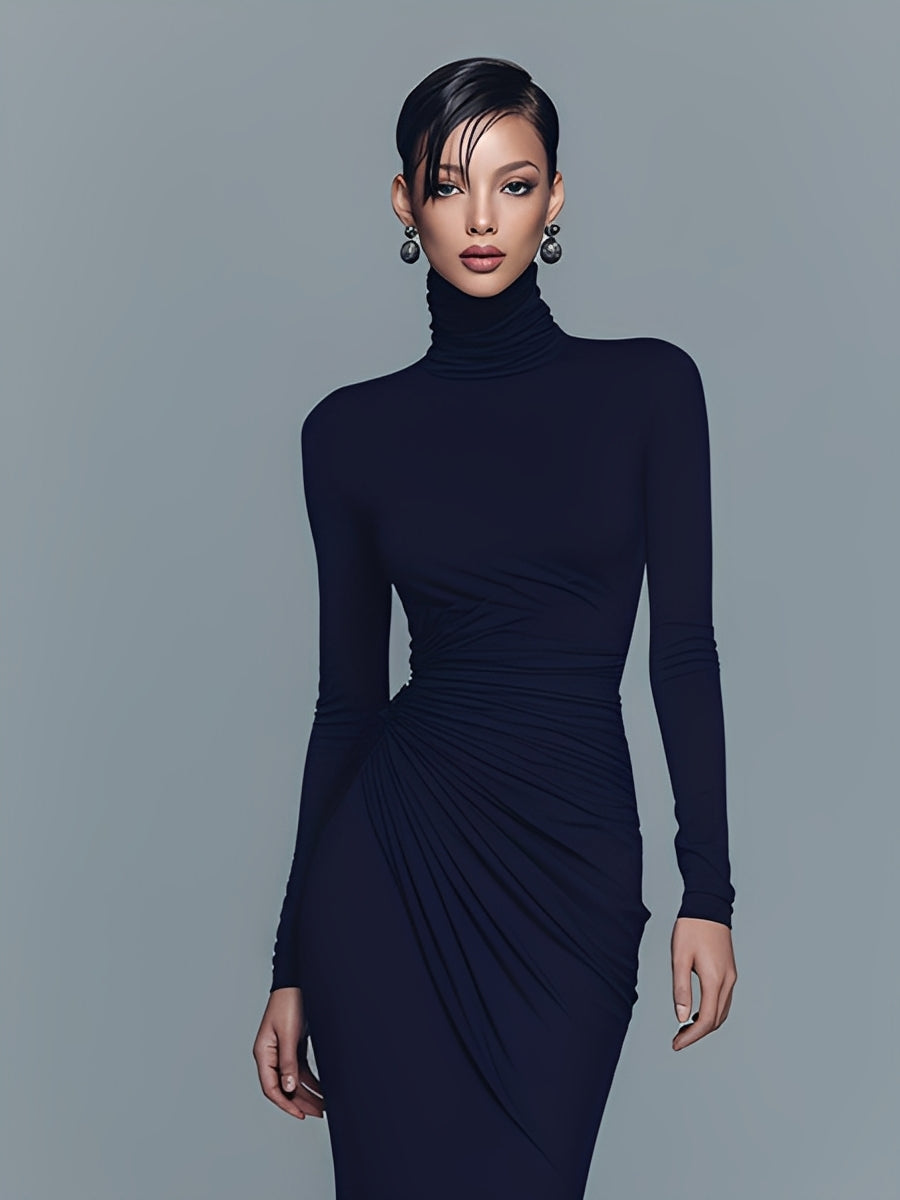 Women's Navy Elegant Stretch Polyester-Cotton Blend Turtleneck Draped Maxi Dress MDA1742J1I