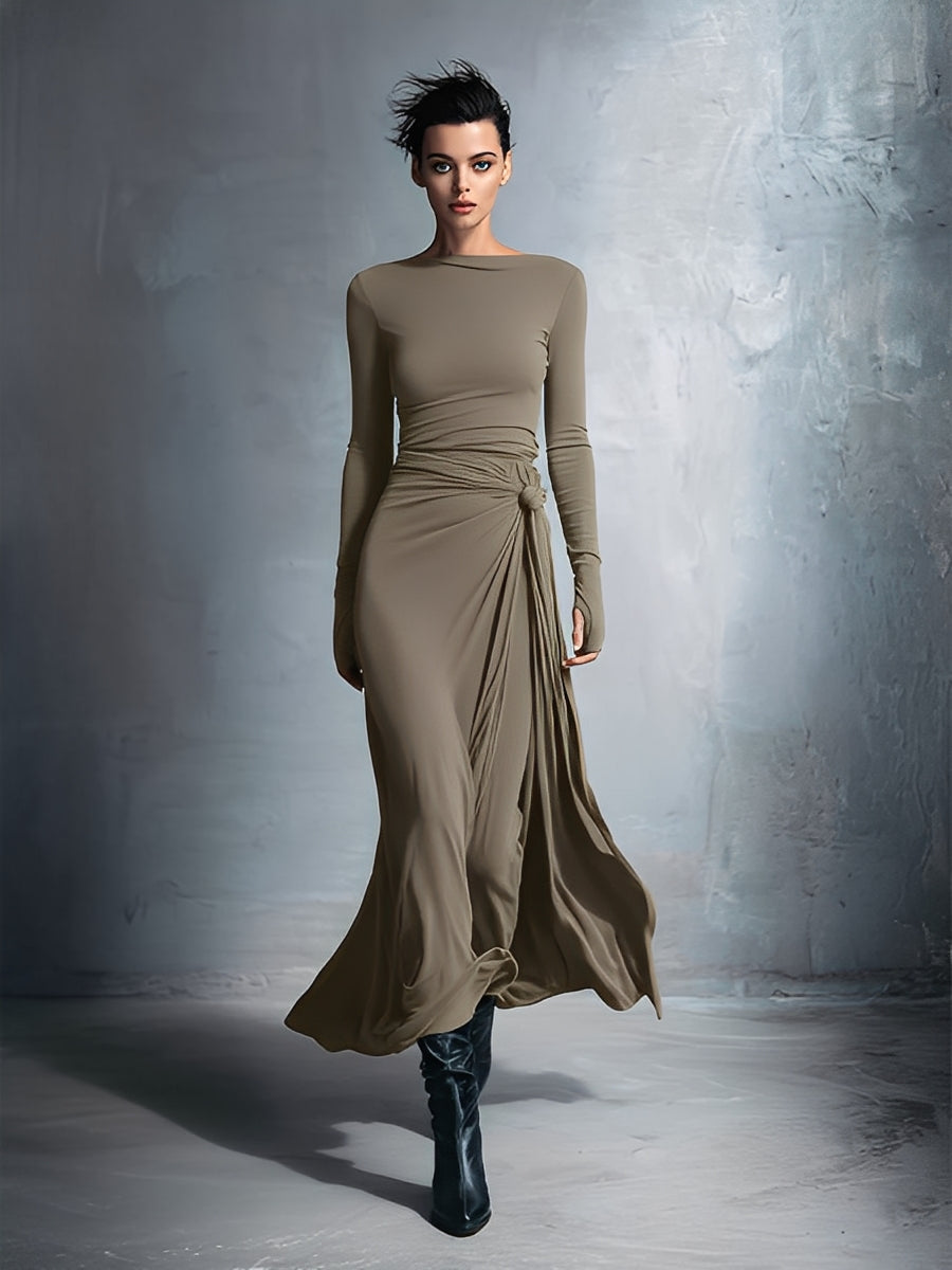Women's Gray Exquisite Stretch Blended Fabric Wrap Dress - Knotted Max Modesees Women's Gray Exquisite Stretch Blended Fabric Wrap Dress - Knotted Max Modesees
