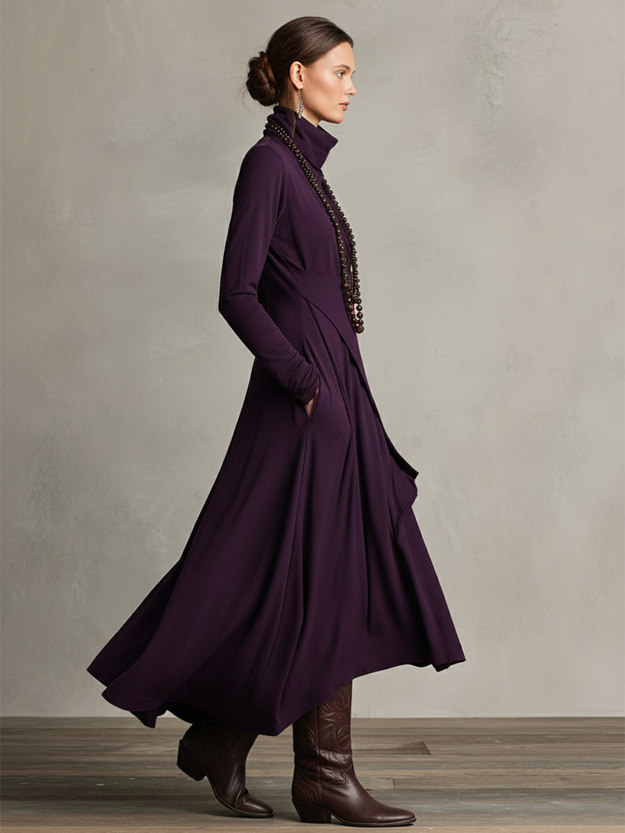 Women's Purple Bohemian Cotton Stretch Turtleneck Asymmetrical Draped Maxi Dress MDA2055J9I
