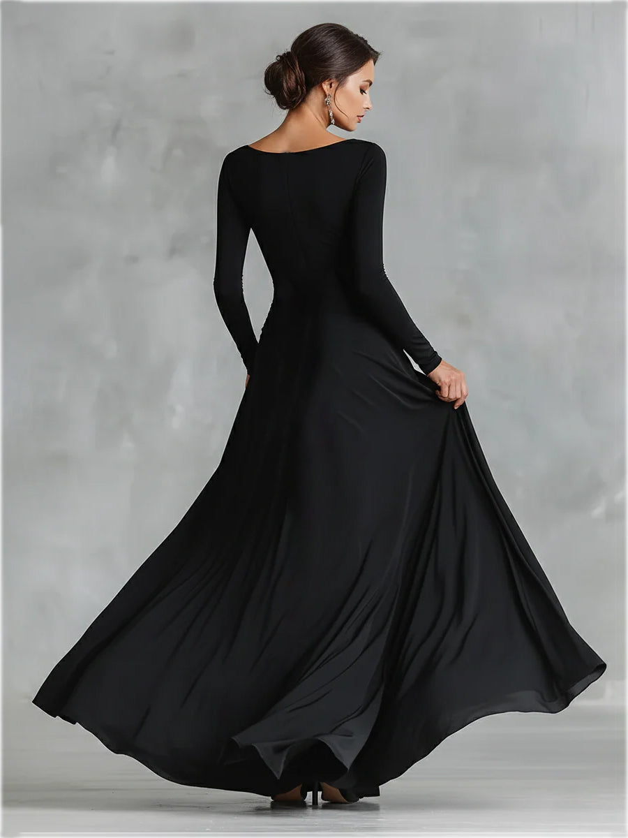 Women's Black Modern Crepe Ruched Boat - Neck Maxi Dress MDA1472J7I