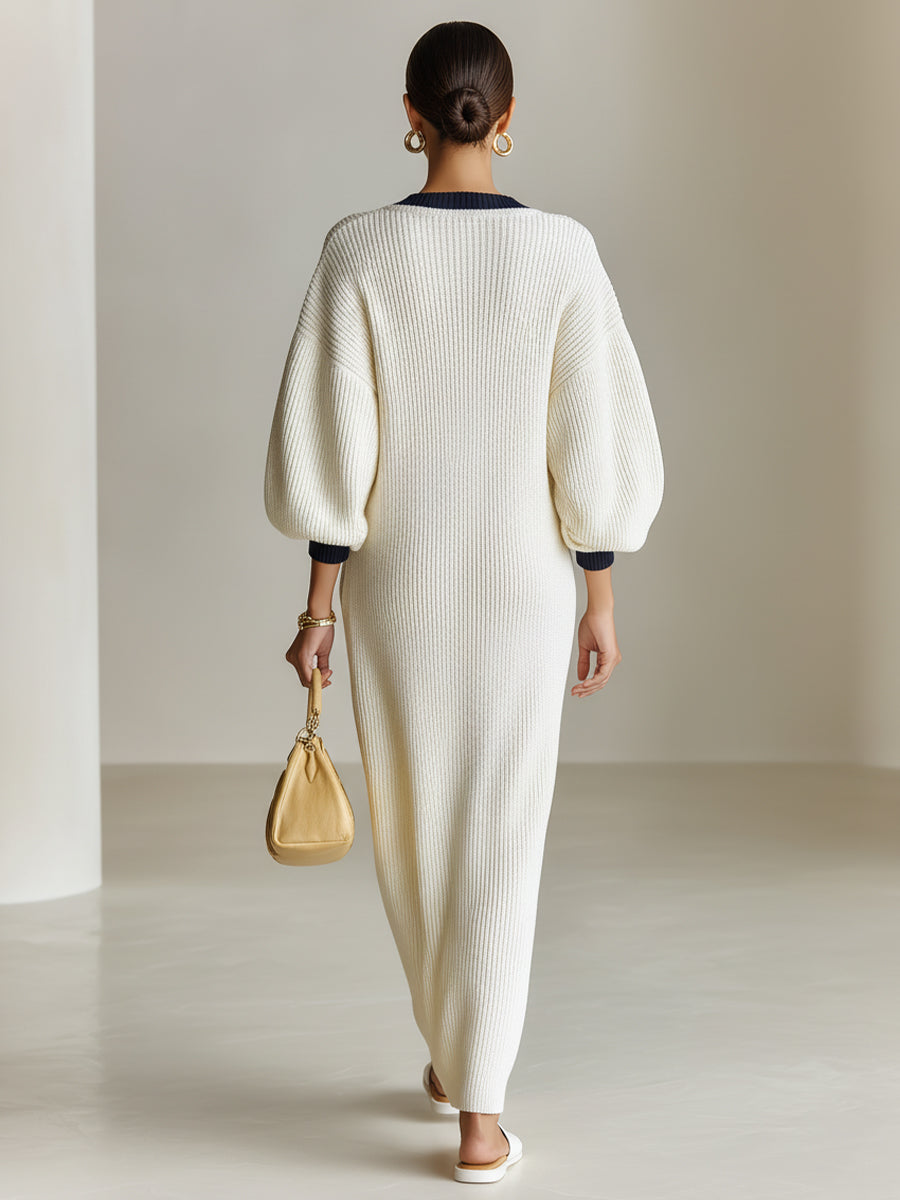 Women's Cream Elegant Ribbed Knit Contrast V - Neck Balloon - Sleeve Maxi Sweater Dress MDA2581I6I