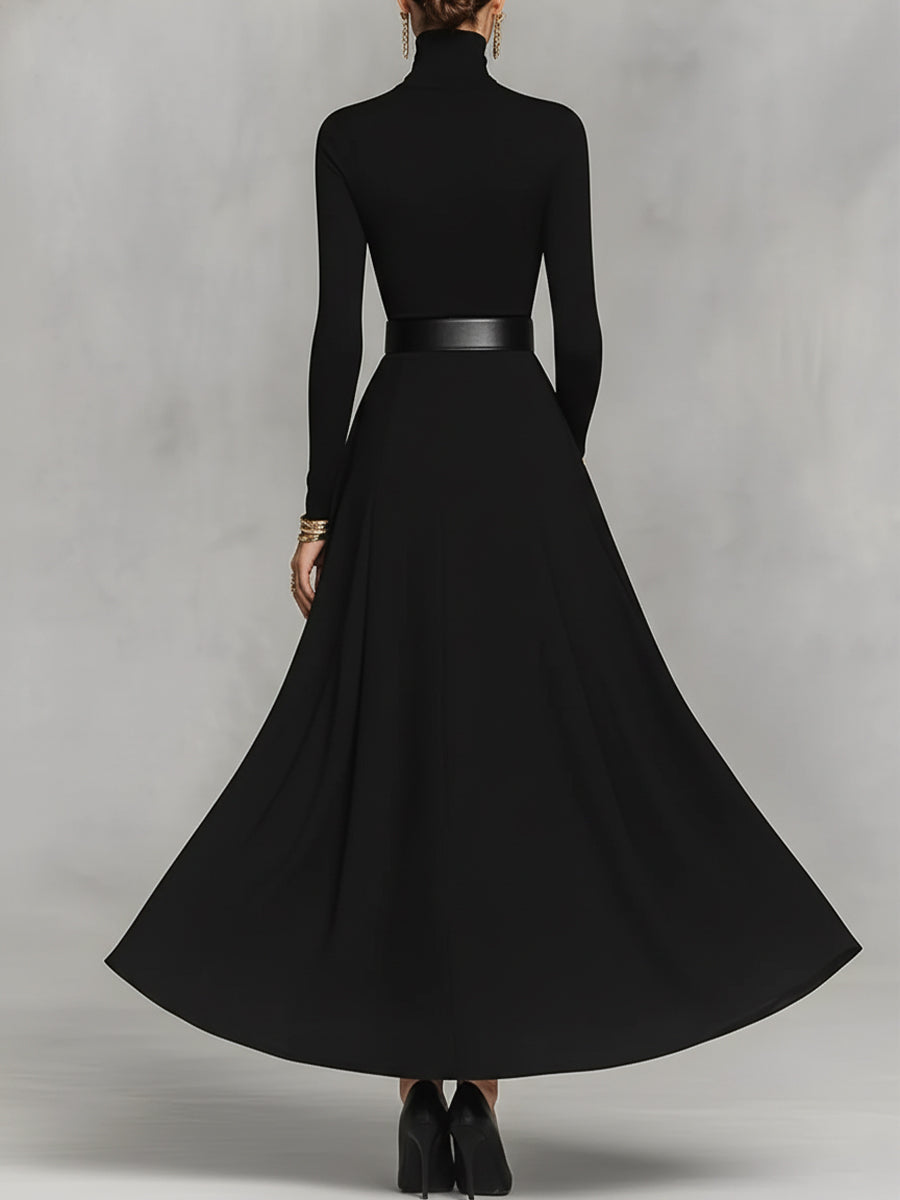 Women's Black Knit Elegant High Neck Button Detail Maxi Dress MDA1183K0I