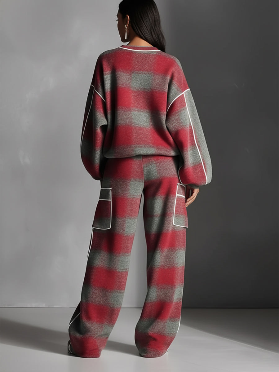 Women's Red And Gray Plaid Brushed Distressed Street Style Color-Blocked Piping Pantsuit Set MDA1065K4I
