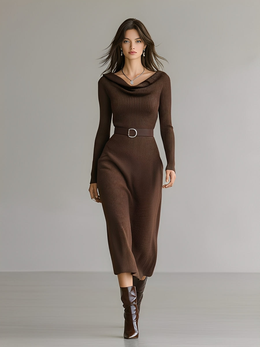 Women's Brown Elegant Rib Knit Cowl - Neck Belted Midi Dress MDA1799J1I