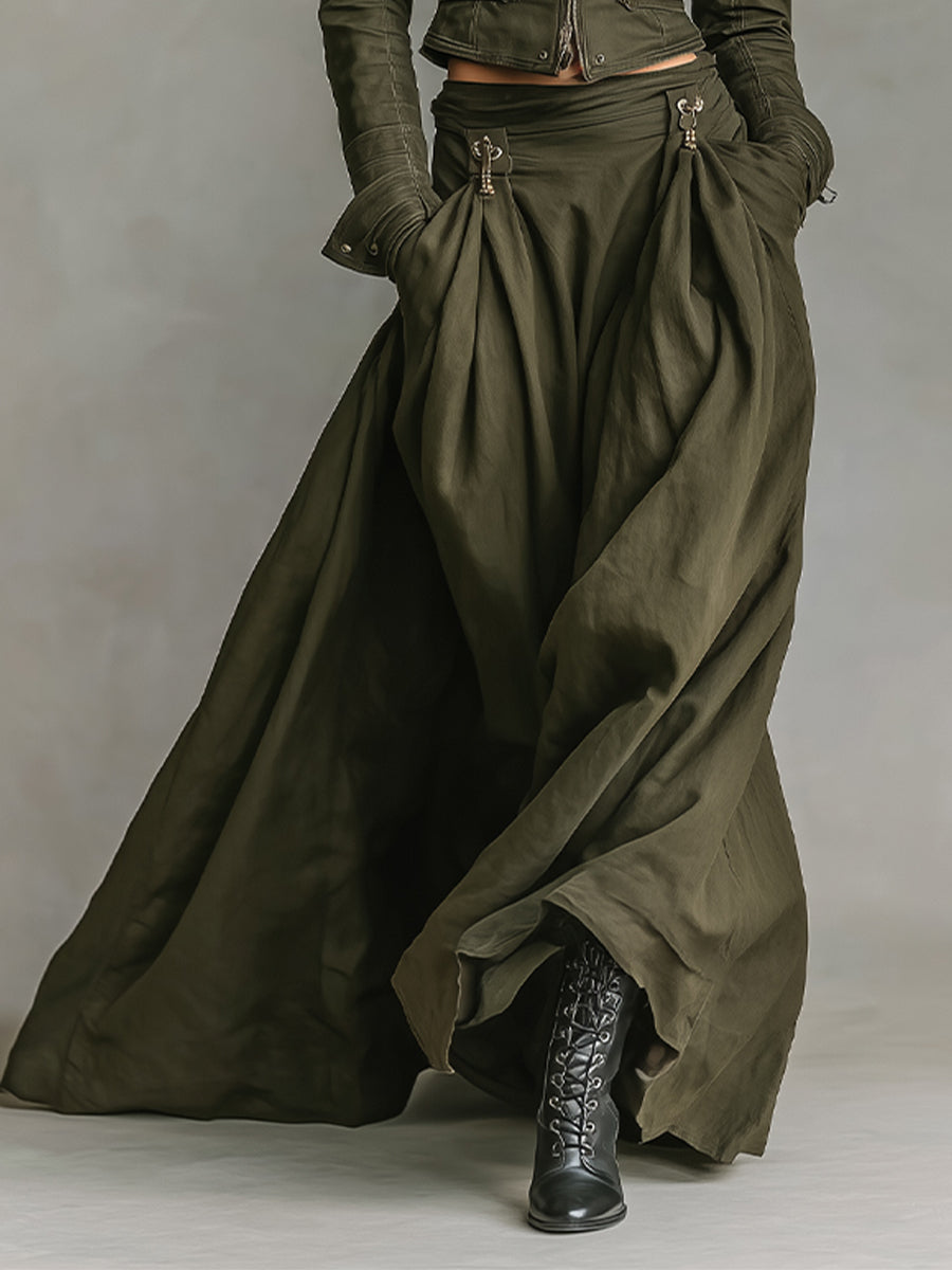 Women's Green Edgy 100% Cotton Zip - Front Cropped Jacket And Maxi Skirt Set MDA1819I7I