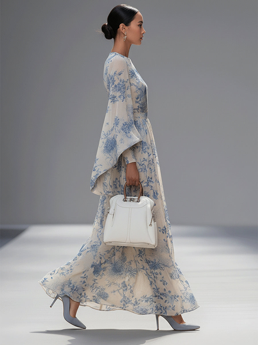 Women's Elegant Blended Printed Bell Sleeve High Waist Maxi Dress MDA3069G1I