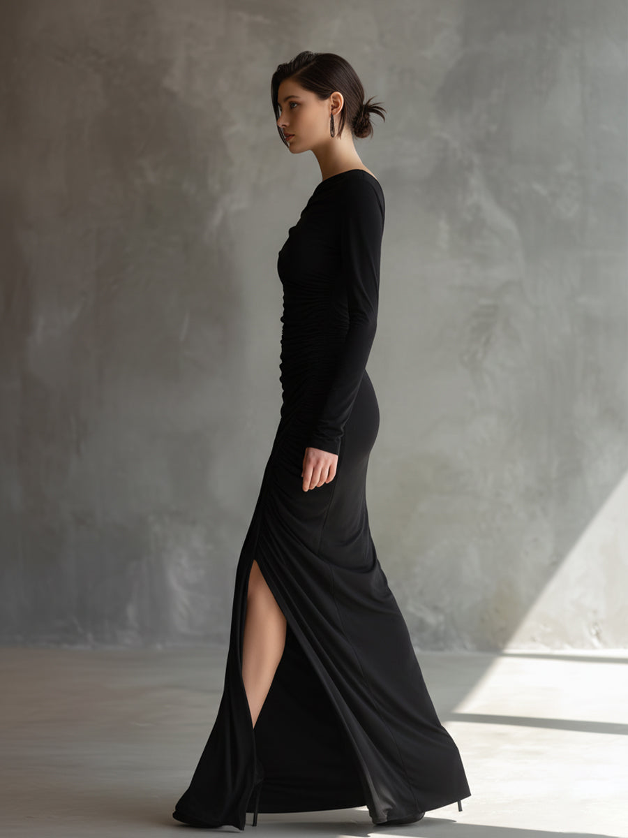 Women's Black Elegant Jersey Off - Shoulder Ruched Slit Maxi Dress MDA2125H9I