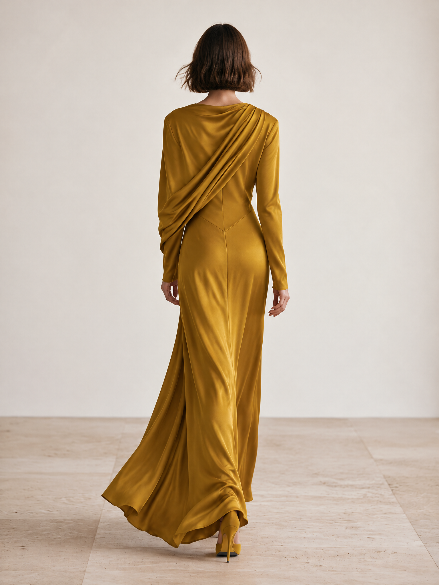 Women's Mustard Gold Satin-Look Long Sleeve Draped Maxi Dress With High Slit