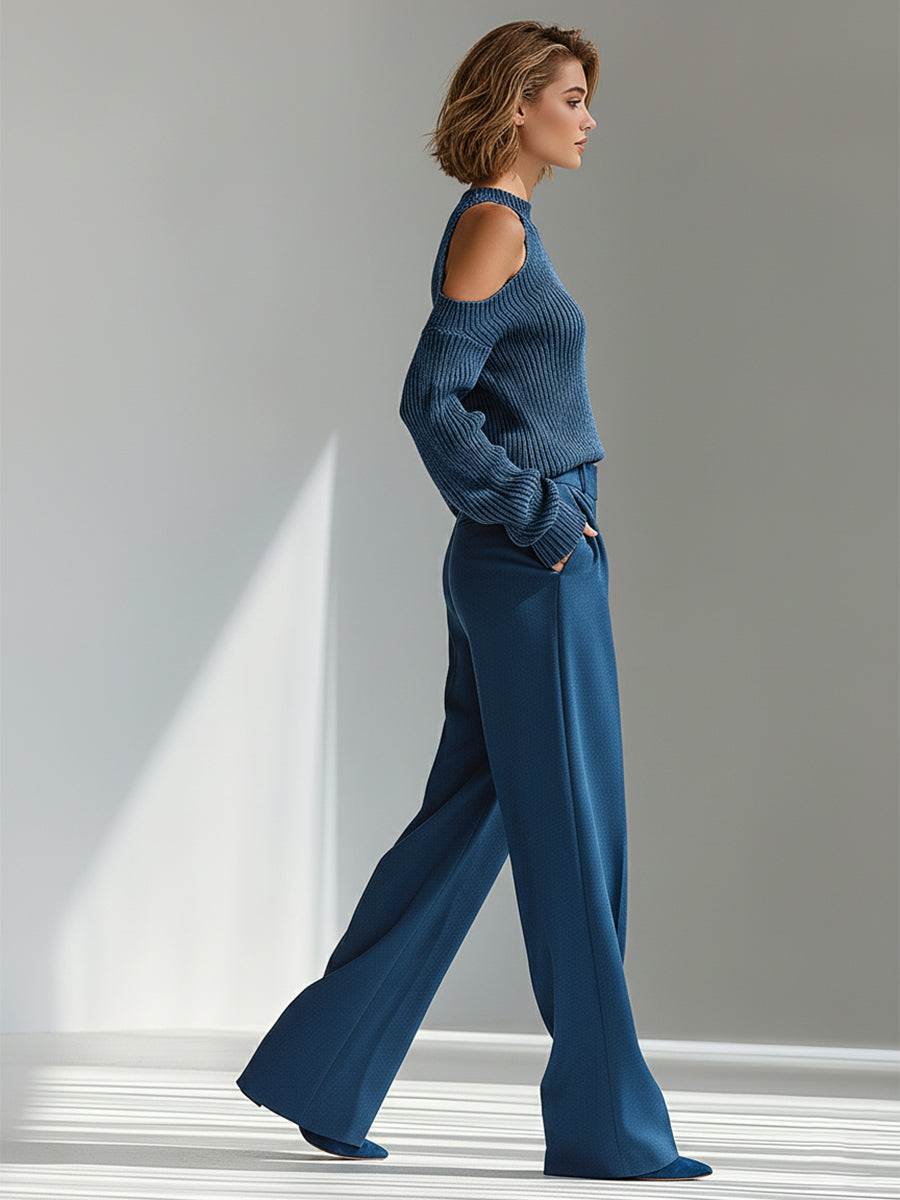 Women's Blue Elegant Ribbed Knit Cold - Shoulder Sweater And Wide - Leg Pants Set MDA1591I8I