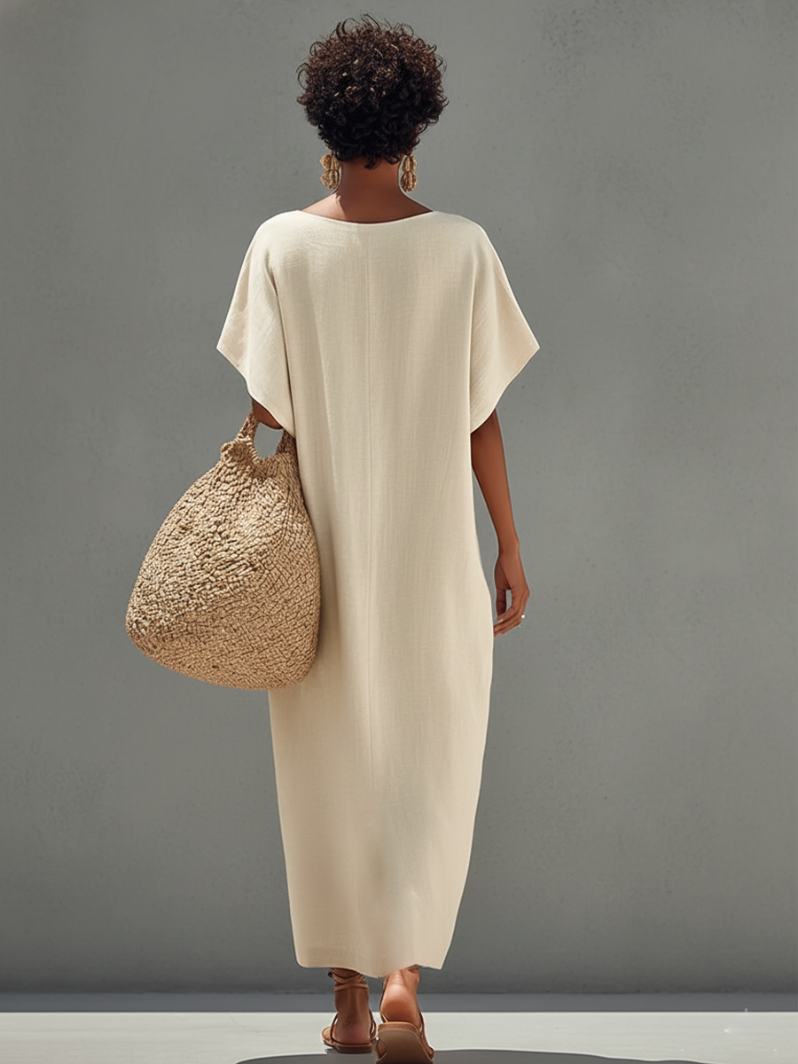 Women's White Cotton Dress With Relaxed Fit & Minimalist Design, Timeless Resort-Casual Style Dress MDZ0528B5I