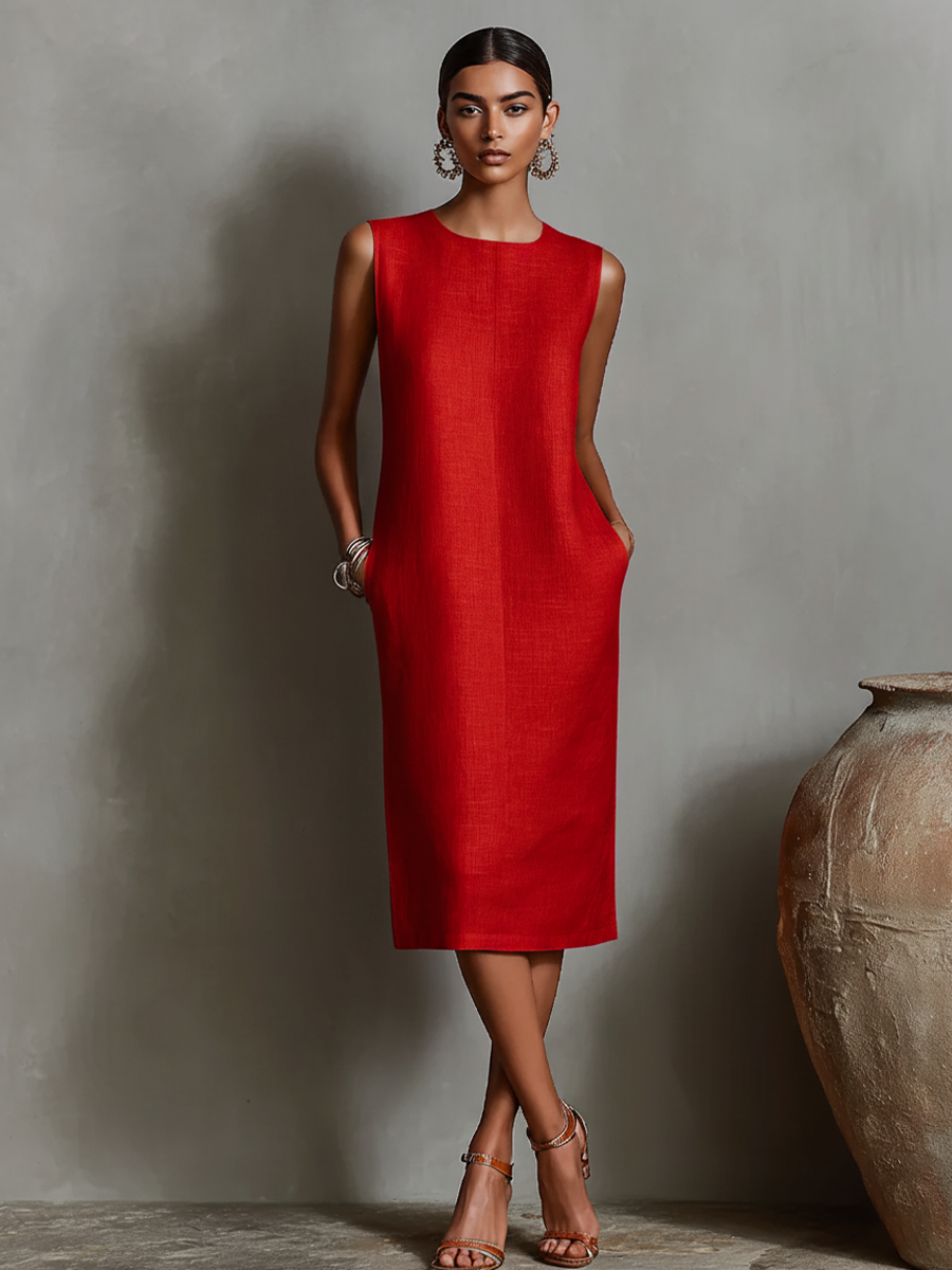 Women's Orange Linen Shift Dress With Sleeveless Round Neck & Side Pockets, Timeless Minimalist-Elegant Style Dress MDZ2851C7I