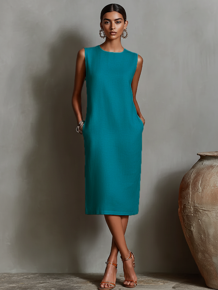 Women's Orange Linen Shift Dress With Sleeveless Round Neck & Side Pockets, Timeless Minimalist-Elegant Style Dress MDZ2851C7I