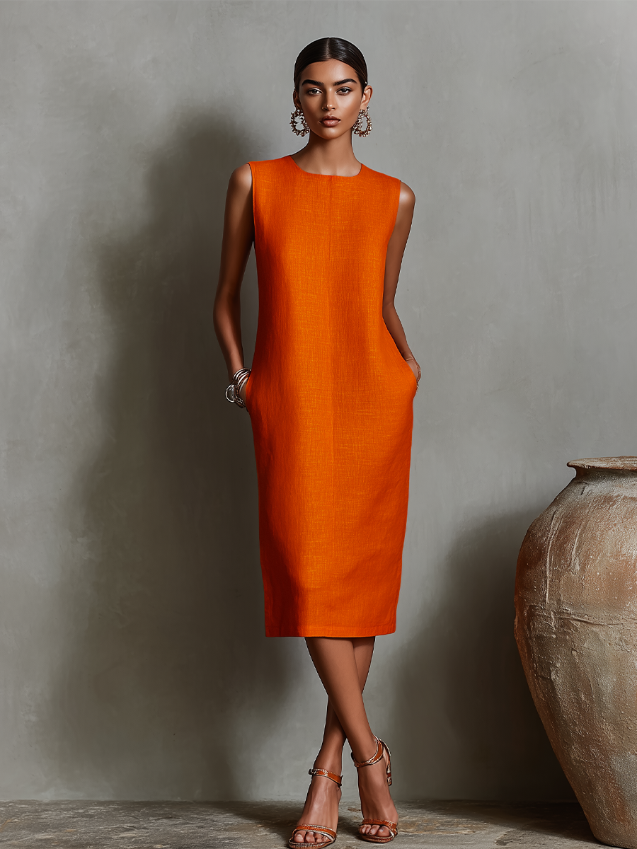 Women's Orange Linen Shift Dress With Sleeveless Round Neck & Side Pockets, Timeless Minimalist-Elegant Style Dress MDZ2851C7I